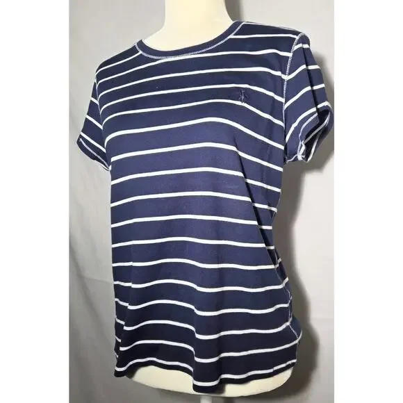 Ralph Lauren Navy White Striped T-Shirt Short Sleeve Soft Crew Neck Top Size XL - Picture 1 of 6